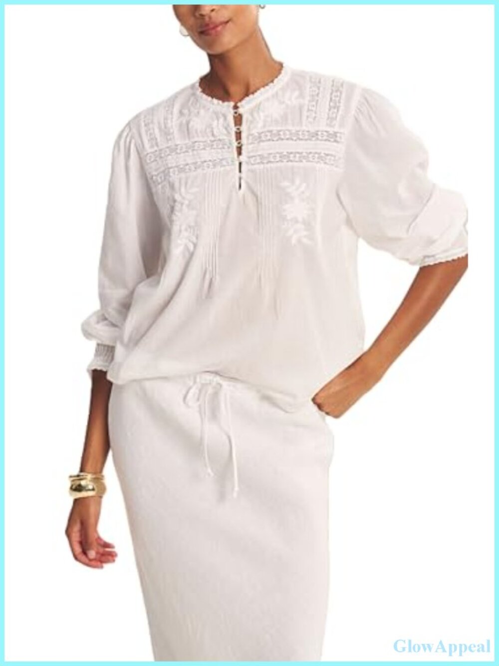 Cotton Lace Top Puff Sleeve Mandarin Neck Blouse